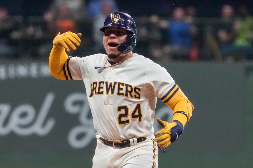 William Contreras is pumped up after hitting a two-run double against the Diamondbacks that gave the Brewers the lead in the seventh inning Tuesday night at American Family Field.