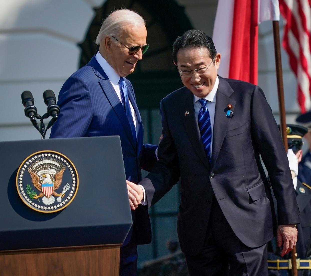 President Joe Biden welcomes Prime Minister Kishida Fumio of Japan to the White House in Washington on April 10, 2024.