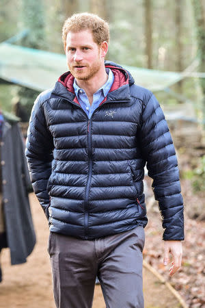 Prince Harry tours the woodland area during a visit to a Help For Heroes Recovery Centre at Tedworth House, where he learnt more about the mental health support military veterans are receiving, in Tidworth, Wiltshire, Britain January 23, 2017. REUTERS/Ben Birchall/Pool