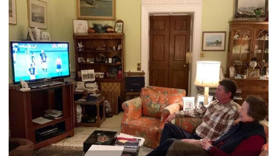 Princess Anne and Sir Timothy Laurence sit in living room watching TV at Gatcombe Park