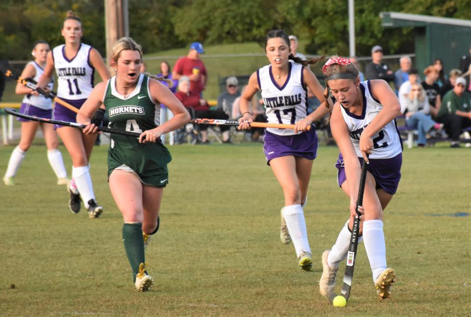 Mountie Jayden Regan (right) moves the ball up the field for Little Falls against Fayetteville-Manlius Sept. 18 during the Whitesboro Tournament's rescheduled championship game at Veterans Memorial Park in Little Falls. The Mounties are the No. 1 seed for Section III's Class D playoffs.