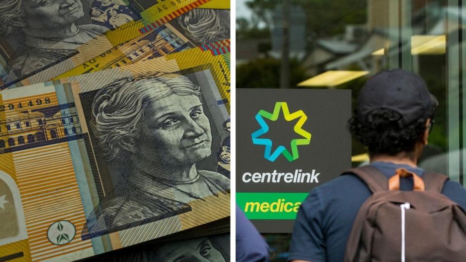 Cash and man in front of Centrelink