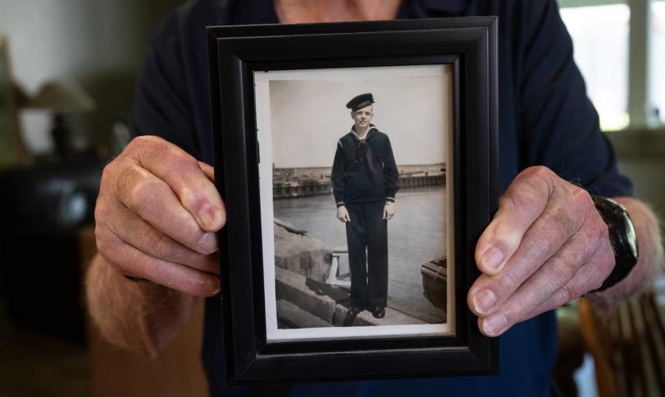 Melvin “Gabe” Gabelhaus, 98, altered his birth data so he could enter the U.S. Navy at age 16. Photographed in Modesto, Calif., Saturday, August 26, 2023. Andy Alfaro/aalfaro@modbee.com