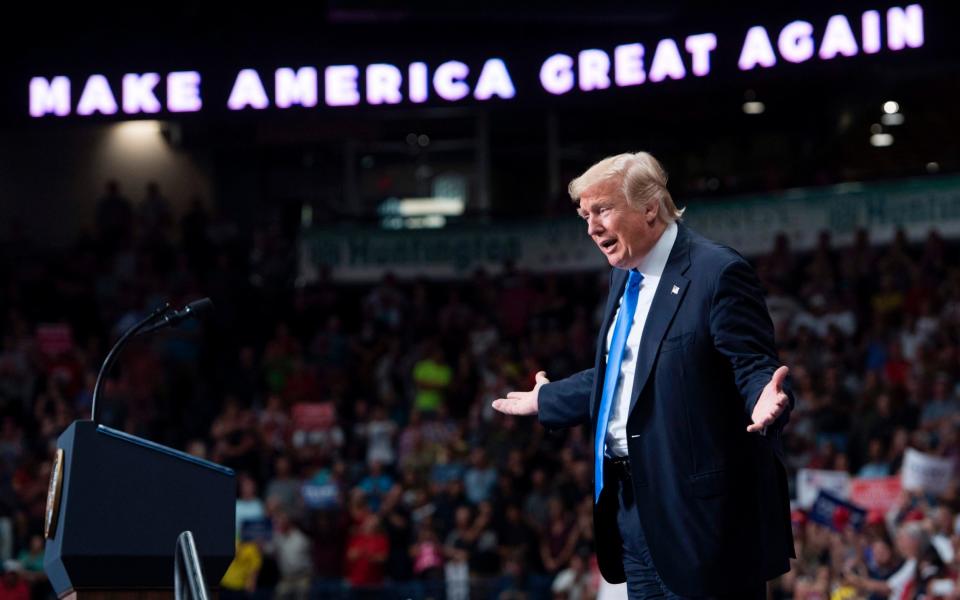 US President Donald Trump speaks during a "Make America Great Again" rally at the Covelli Centre in Youngstown, Ohio, July 25, 2017 - Credit: AFP