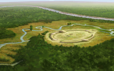 <sub>Artsists conception of Watson Brake, an archaeological site in Ouachita Parish, Louisiana that dates from the Archaic period. The oldest earthwork in North America, it was built and occupied 3500 BCE, approximately 5400 years ago.</sub> <sub>By Herb Roe – Own work, CC BY-SA 4.0, https://commons.wikimedia.org/w/index.php?curid=52375912</sub>
