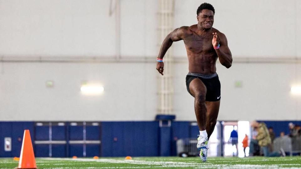 Former Boise State cornerback Caleb Biggers sprints 40 yards for NFL scouts at Pro Day, Monday, March 27, 2023.