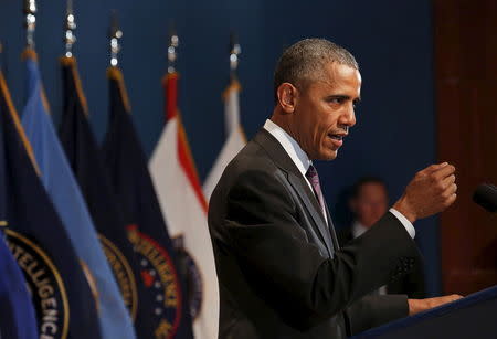 U.S. President Barack Obama delivers remarks at the Office of the Director of National Intelligence to mark its 10th anniversary in McLean, Virginia, April 24, 2015. REUTERS/Yuri Gripas