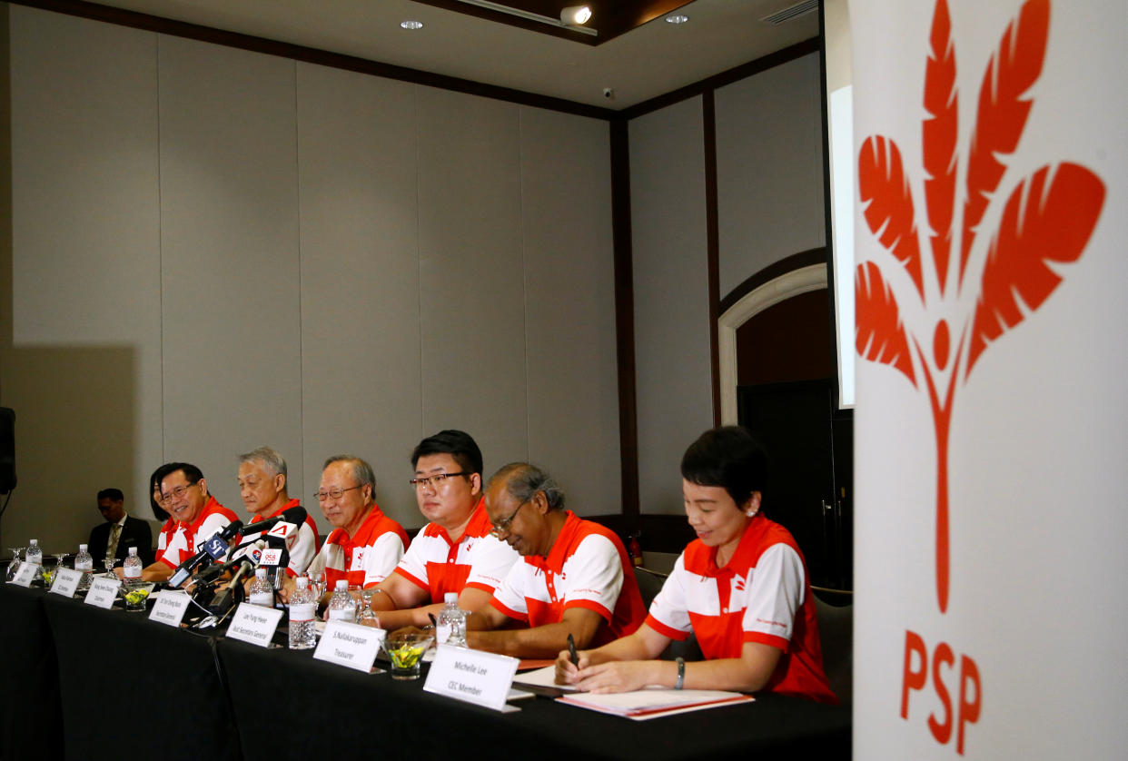 Members of the newly-launched Progress Singapore Party (PSP) attend a press conference for the media in Singapore, July 26, 2019. REUTERS/Feline Lim