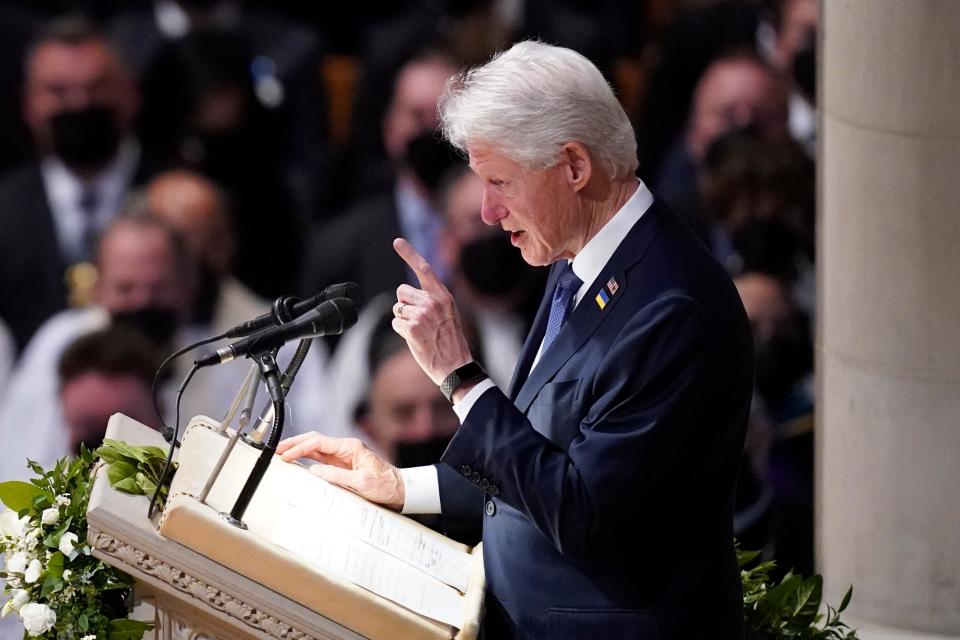 Former President Bill Clinton speaks during the funeral service for former Secretary of State Madeleine Albright at the Washington National Cathedral, Wednesday, April 27, 2022, in Washington. (AP Photo/Evan Vucci) ORG XMIT: DCEV249