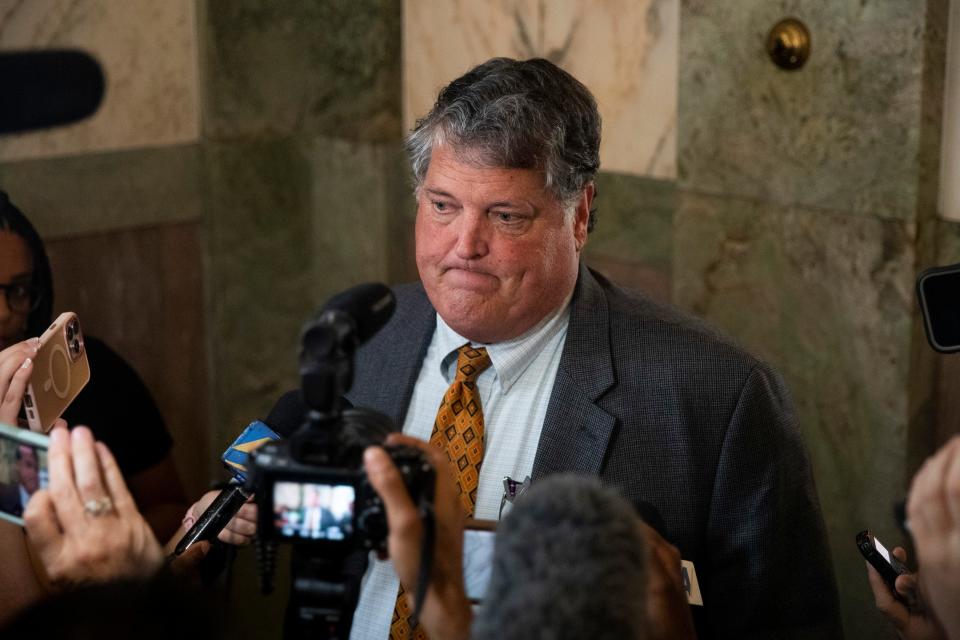 Jeff Germany, the attorney representing Riley Keough, speaks to the press after an injunction hearing over a potential foreclosure sale of Elvis Presley's Graceland estate at Shelby County Chancery Court in Memphis, Tenn., on Wednesday, May 22, 2024.