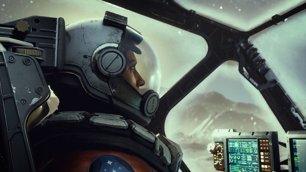 Starfield: a profile shot of someone in a spacesuit sat in a pilot seat.