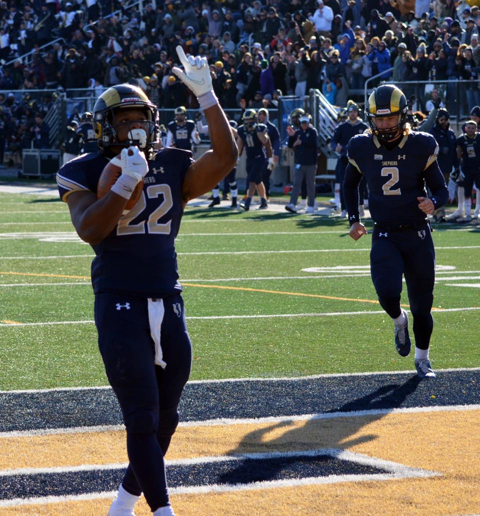 Shepherd's Ty Hebron reacts after scoring his second touchdown of the game against Notre Dame.