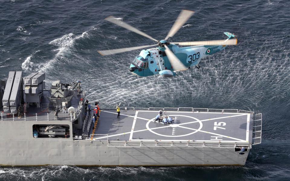 Naval helicopters are involved in the three-nation drills
