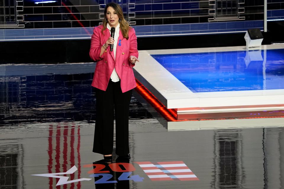 Republican National Committee Chair Ronna McDaniel begins the presidential primary debate hosted by NBC News on Nov. 8, 2023, in Miami. She resigned this February.