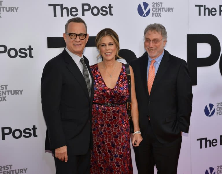 Tom Hanks, his wife, Rita Wilson, and Marty Baron, executive editor of The Washington Post, at the premiere of "The Post" in Washington DC