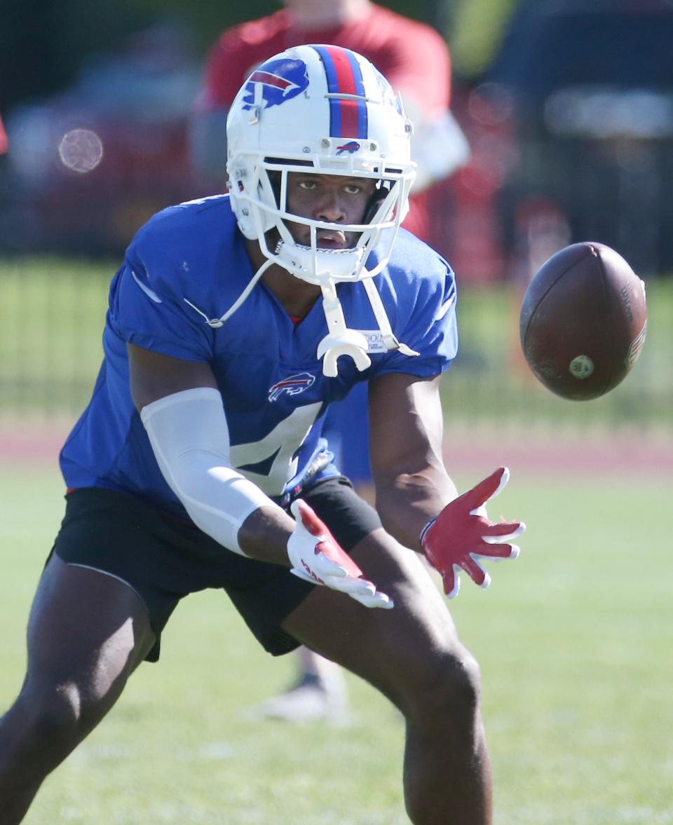 Bills safety Jaquan Johnson eyes in the ball during the second-to-last day of the Buffalo Bills training camp at St John Fisher University in Rochester Wednesday, Aug. 10, 2022. 