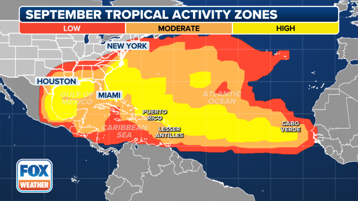 This map shows where tropical cyclone activity tends to occur in September.