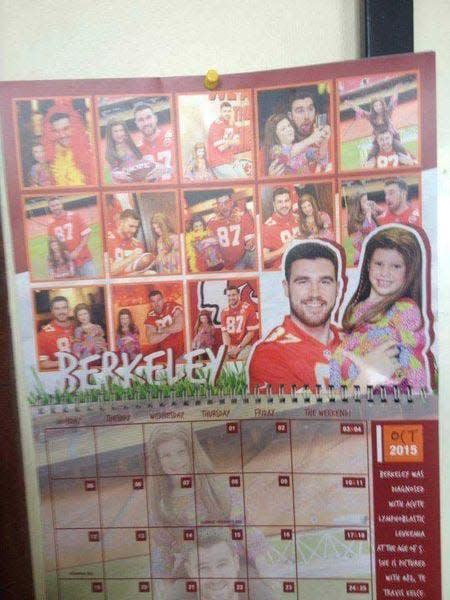 Fifteen photos of Travis Kelce and Berkeley Kemper, then 6, appear in this fundraising calendar for the month of October 2015.