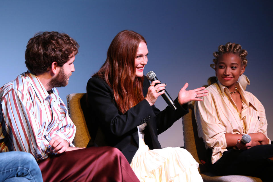 <p>Ben Platt, Julianne Moore and Amandla Stenberg take the stage during a special screening of <i>Dear Evan Hansen </i>on Sept. 14 in N.Y.C. </p>