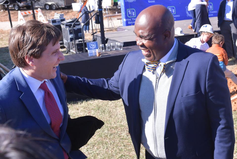 A groundbreaking ceremony was held for the baseball stadium in downtown Spartanburg on Nov. 1, 2023. Spartanburg City Council members Rob Rain
District 2, left, and Mayor Jerome Rice greet each other after the event.