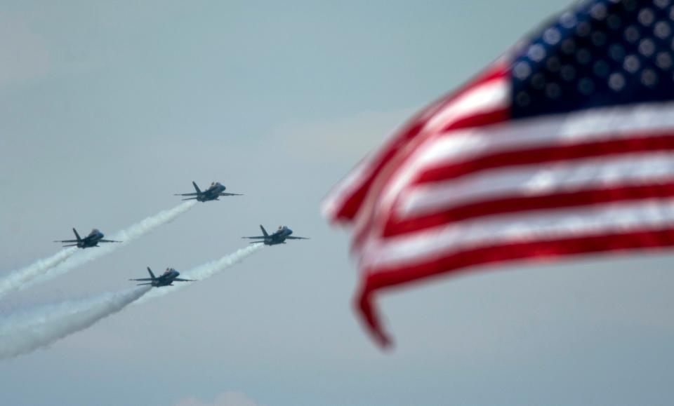 The diamond formation of the U.S. Navy’s Blue Angels soars over Pensacola Beach during a past Red, White and Blues Pensacola Beach Air Show.