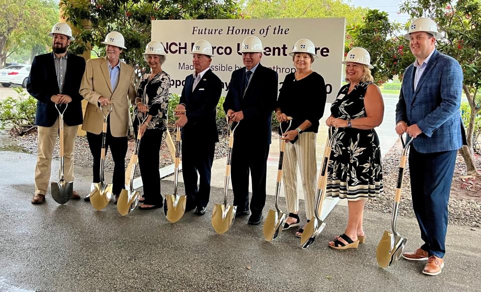 From left to right: City Councilman Jared Grifoni, donors Pat and Scot Kaufman, NCH CEO Paul Hiltz, donors Steve and Barbara Slaggie, Dianna Dohm and Jon Kling held a ceremonial groundbreaking of an $18 million new urgent care center on Marco Island on March 22, 2024.