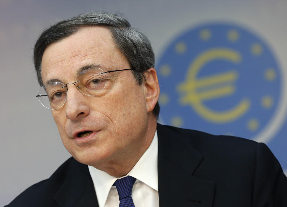 President of European Central Bank Mario Draghi speaks during a news conference in Frankfurt, Germany, Thursday, March 6, 2014, following a meeting of the ECB governing council. The European Central Bank has kept its main interest rate at a record low of 0.25 percent, holding off on more stimulus as economic indicators suggest the modest recovery is gaining strength. (AP Photo/Michael Probst)