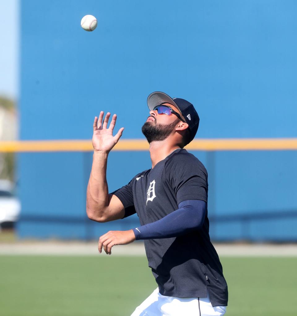 Tigers outfielder Riley Greene goes through drills during spring training on Monday, Feb. 20, 2023, in Lakeland, Florida.