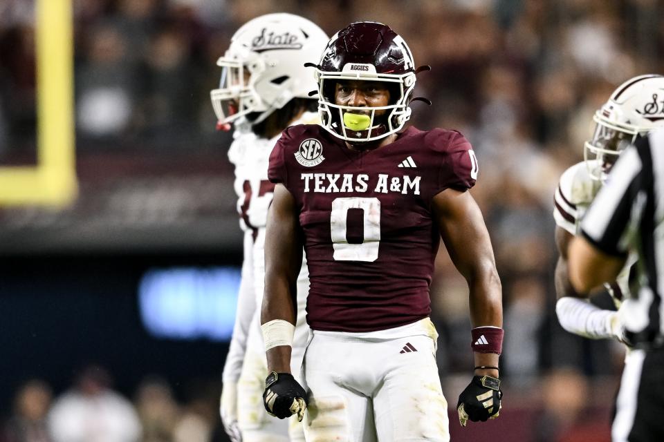 Nov 11, 2023; College Station, Texas, USA; Texas A&M Aggies wide receiver Ainias Smith (0) stands on the field during the second half against the Mississippi State Bulldogs at Kyle Field. Mandatory Credit: Maria Lysaker-USA TODAY Sports