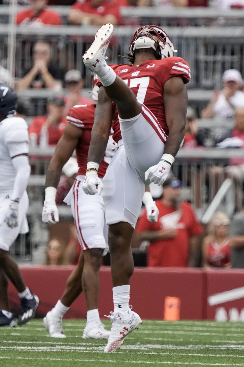 Wisconsin's Darryl Peterson (17) reacts after a fourth down stop during the first half of an NCAA college football game against Georgia Southern Saturday, Sept. 16, 2023, in Madison, Wis. (AP Photo/Morry Gash)