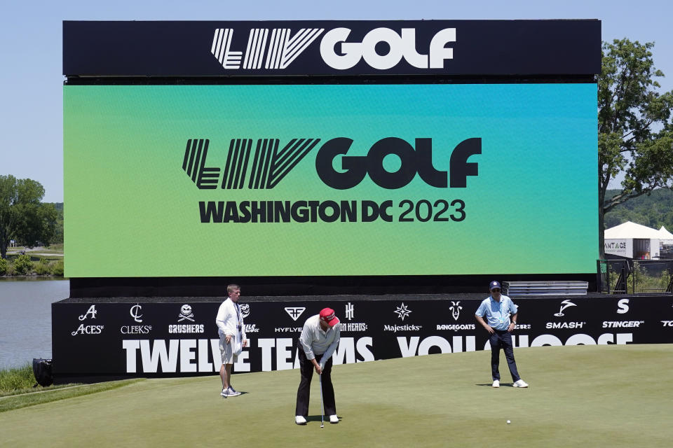 Former President Donald Trump plays during the LIV Golf Pro-Am at Trump National Golf Club, Thursday, May 25, 2023, in Sterling, Va. (AP Photo/Alex Brandon)