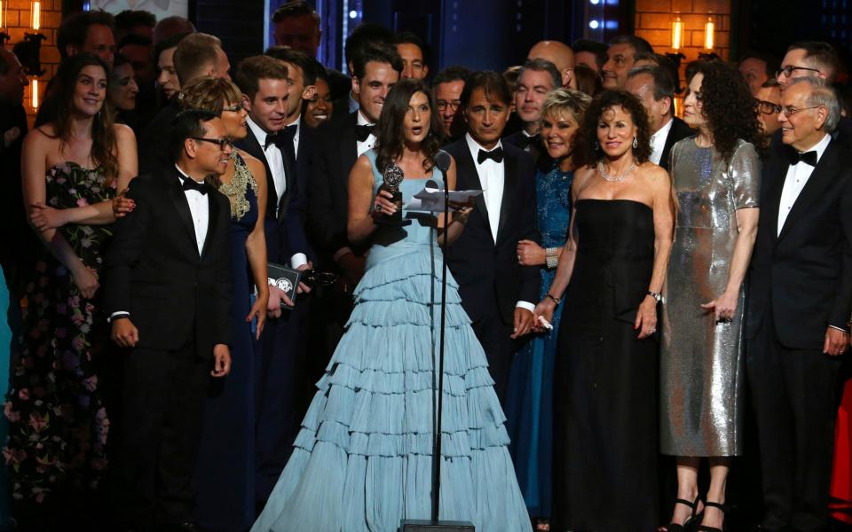 Stacey Mindich and the cast and crew of "Dear Evan Hansen" accept the award for best musical at the 71st annual Tony Awards on Sunday - AP