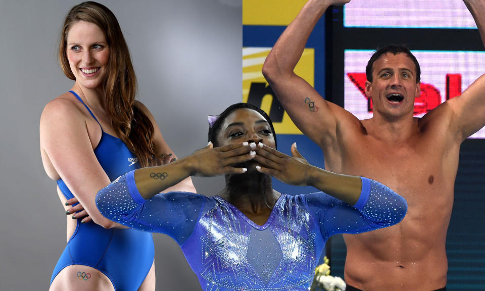 Olympians Missy Franklin, Simone Biles and Ryan Loche have Olympic rings tattoos. (Photos: Getty Images)