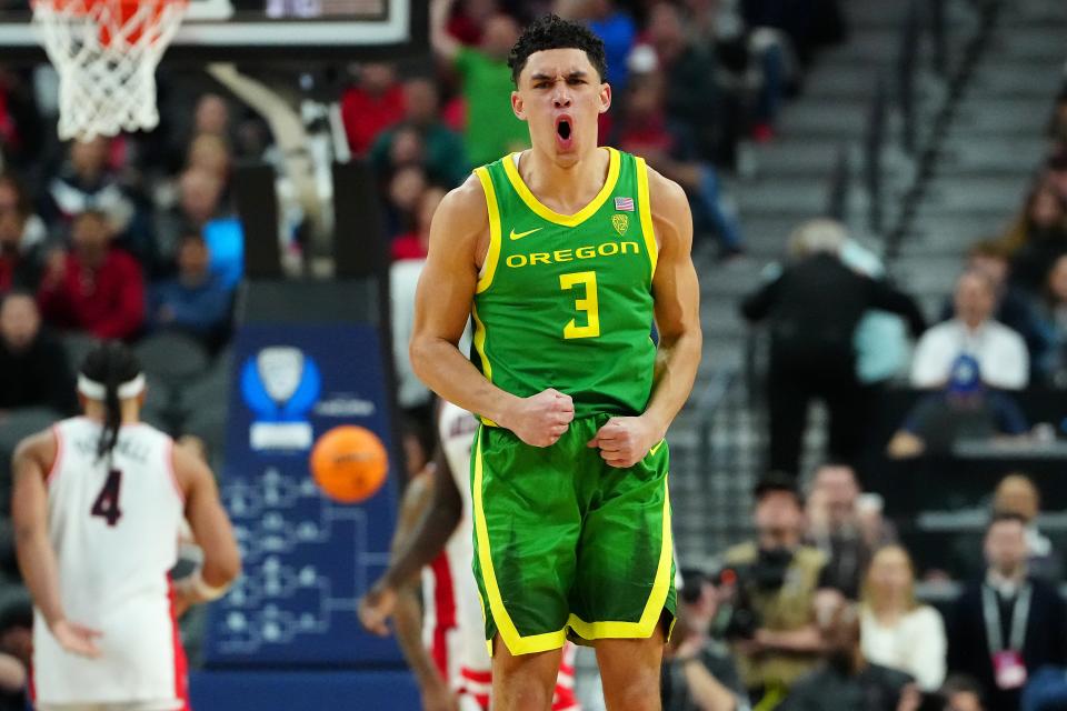 Mar 15, 2024; Las Vegas, NV, USA; Oregon Ducks guard Jackson Shelstad (3) celebrates after making a play against the Arizona Wildcats during the second half at T-Mobile Arena. Mandatory Credit: Stephen R. Sylvanie-USA TODAY Sports