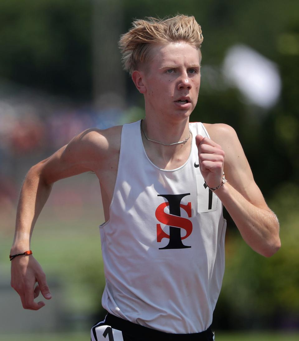 Charlie Vater of Iola-Scandinavia competes in the 1,600-meter run in Division 3 at the WIAA state track and field championships Saturday in La Crosse. Vater took first place.