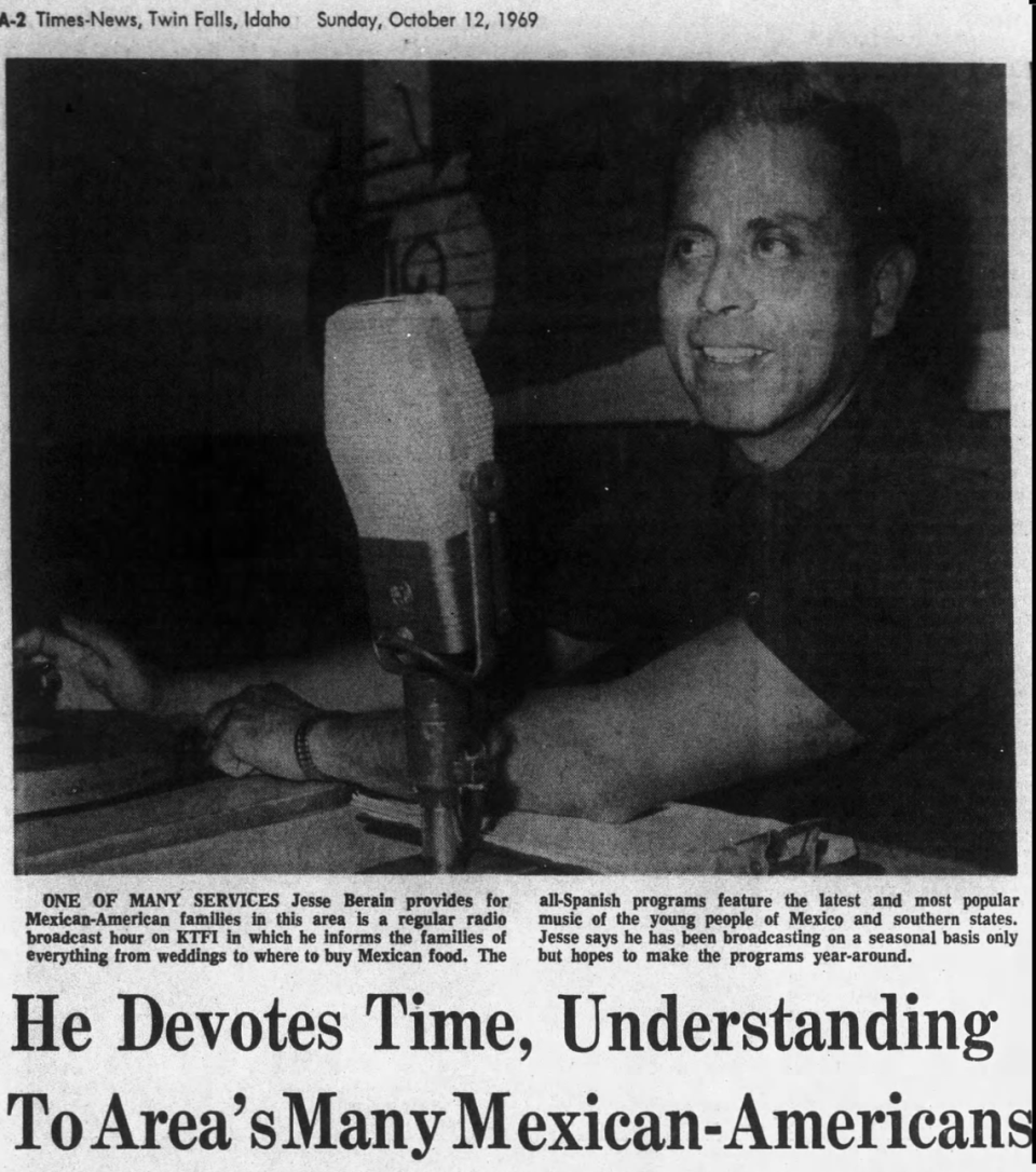 A 1969 clipping from the Twin Falls Times-News describes Jesse Berain’s radio show and devotion to helping Mexican-Americans in the Magic Valley. Berain, a former state legislator, died Saturday. He was 92 years old.