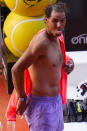 Rafael Nadal of Spain gestures after his match against Darwin Blanch of United States during the Mutua Madrid Open tennis tournament in Madrid, Thursday, April 25, 2024. (AP Photo/Manu Fernandez)