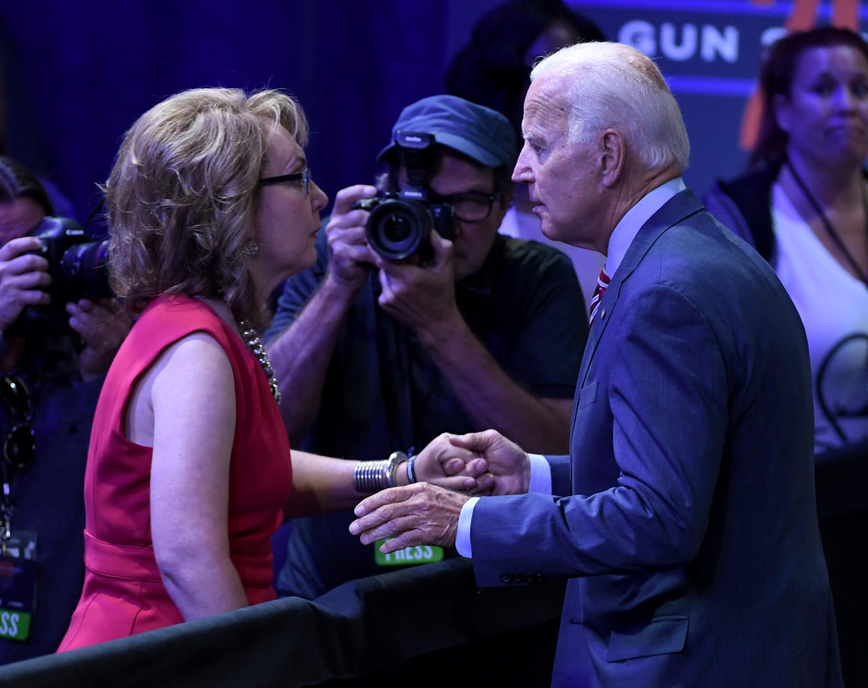 Former U.S. Rep. Gabrielle Giffords (L) greets Democratic presidential candidate, former U.S. Vice President Joe Biden after he spoke at the 2020 Gun Safety Forum hosted by gun control activist groups Giffords and March for Our Lives at Enclave on October 2, 2019 in Las Vegas, Nevada. (Ethan Miller/Getty Images)