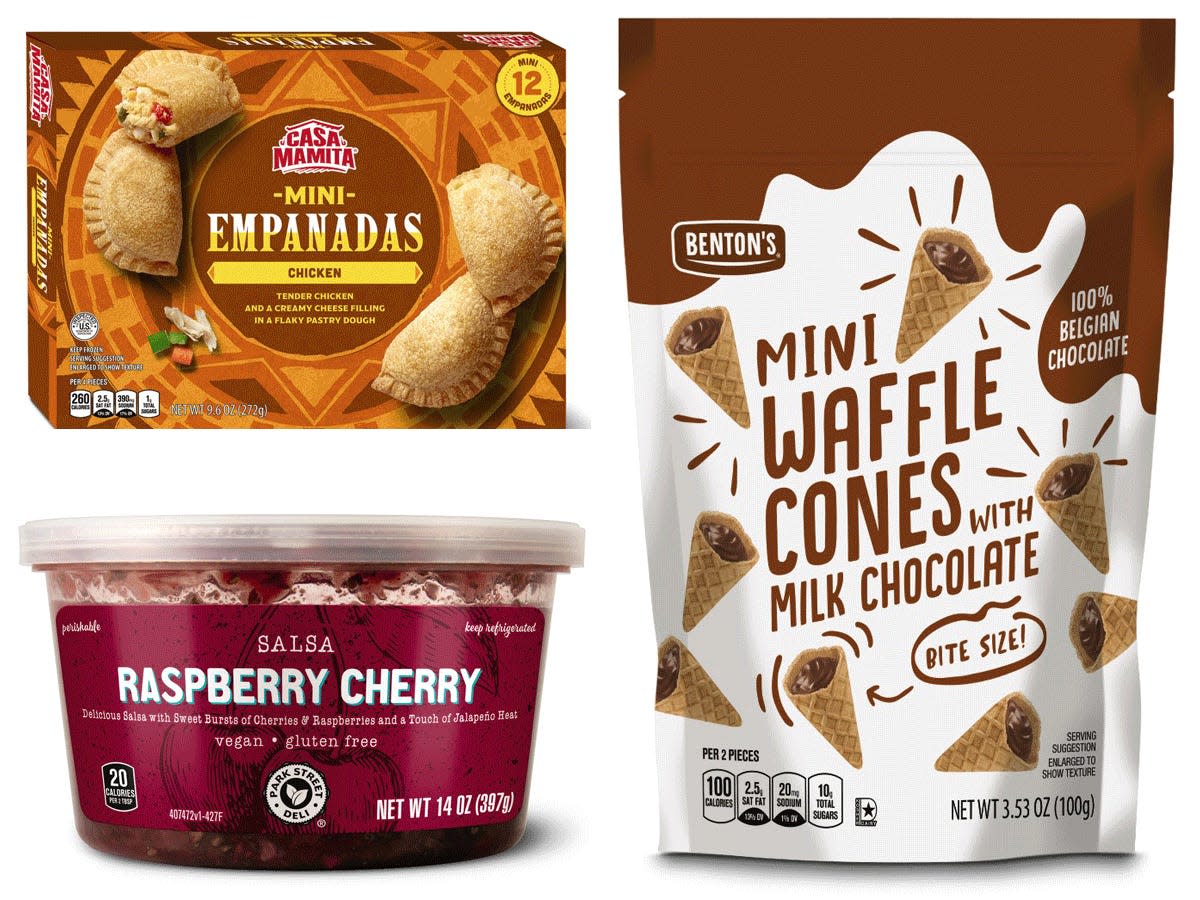 aldi july 2023 finds, empanadas, raspberry salsa, mini waffle cones