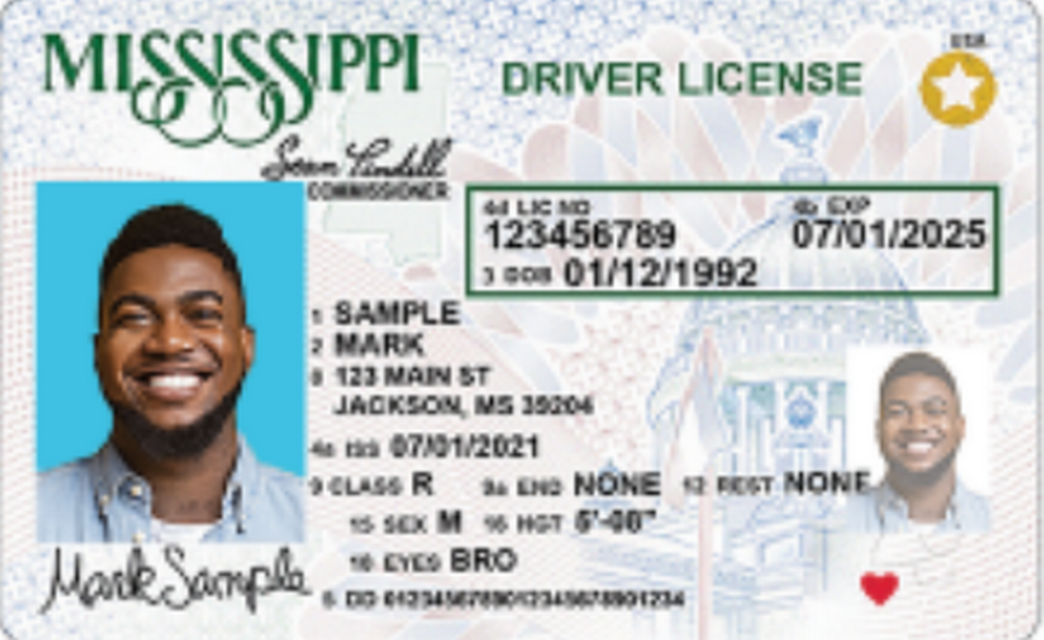 All Mississippi IDs are compliant with REAL ID. By May 2025, everyone will be required to have the identification cards, which feature the gold star emblem.