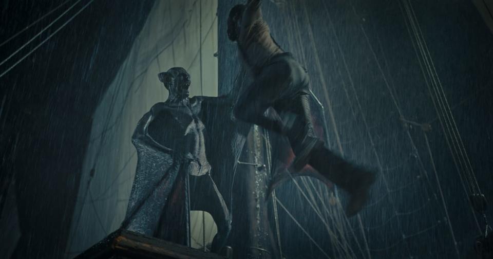 Javier Botet and Corey Hawkins in The Last Voyage of the Demeter.