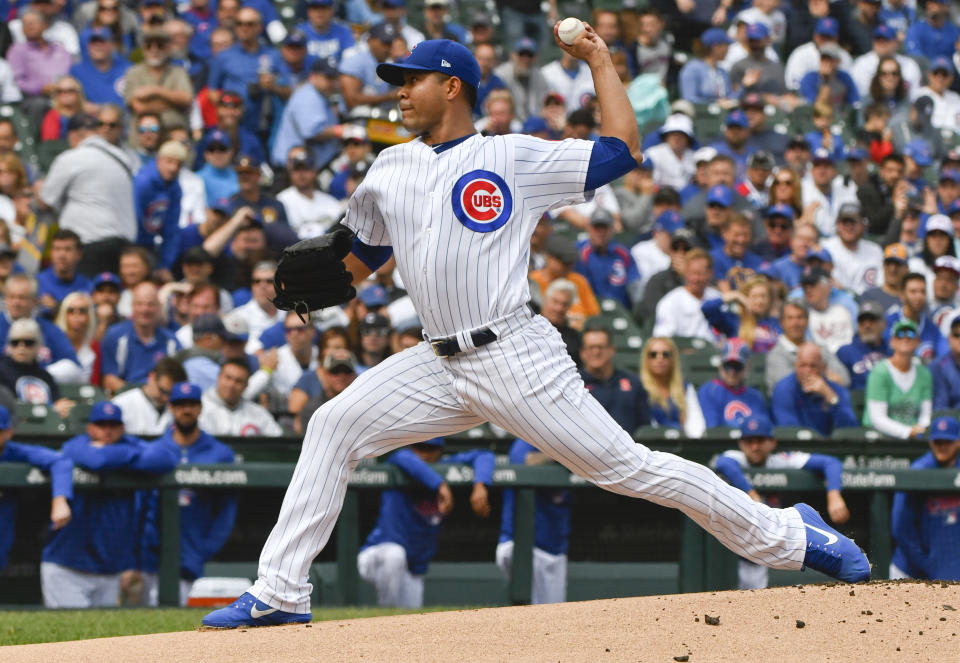 Chicago Cubs starting pitcher Jose Quintana (62) delivers during the first inning of a tiebreaker baseball game against the Milwaukee Brewers on Monday, Oct. 1, 2018, in Chicago. (AP Photo/Matt Marton)