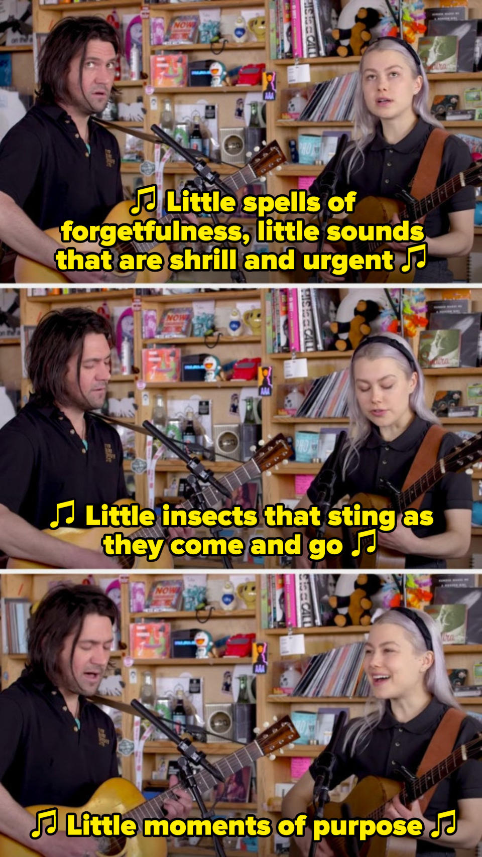 Bridgers and Oberst performing on NPR's Tiny Desk Concert series, singing; "Little spells of forgetfulness, little sounds that are shrill and urgent"