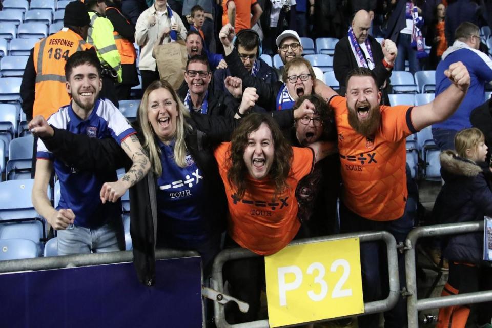 Ipswich Town fans enjoying themselves at Coventry City last night <i>(Image: Ross Halls)</i>