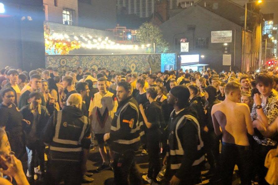 Hundreds of revellers pictured in the streets outside Rock City after the evacuation (@JamesBStevenson/Twitter)