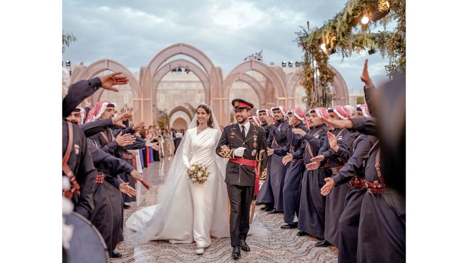 Jordan Crown Prince Al Hussein and Princess Rajwa Al Hussein depart Zahran palace during their wedding 