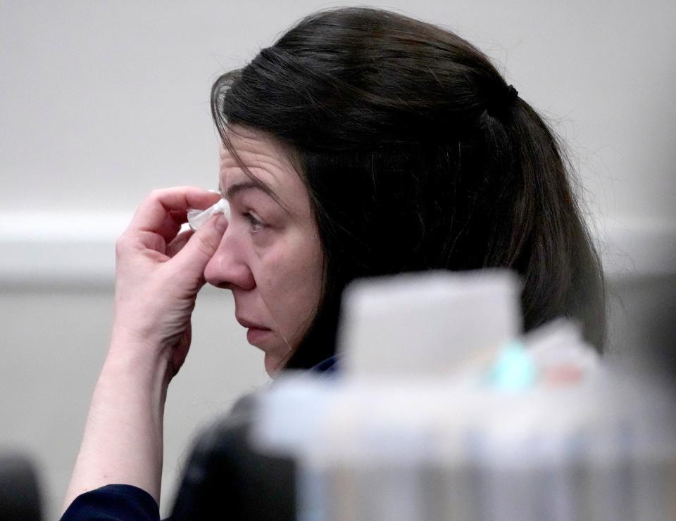 Jessy Kurczewski tears up as she appears in court during her trial at the Waukesha County Courthouse in Waukesha on Tuesday, Oct. 24, 2023. Kurczewski, 39, of Franklin was charged in the 2018 death of Lynn Hernan, 61, of Pewaukee after an autopsy showed Hernan died from ingesting tetrahydrozoline, the main ingredient in eyedrops.