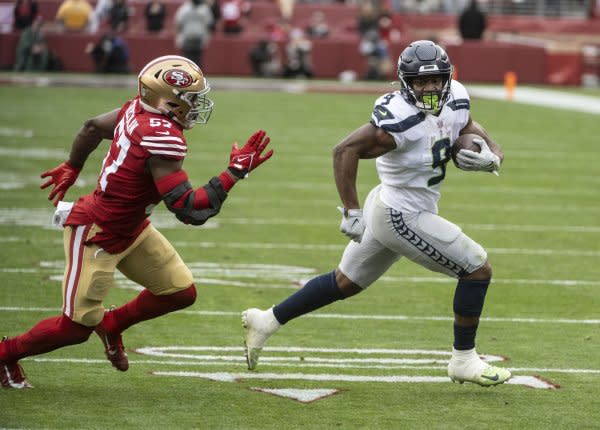 Seattle Seahawks running back Kenneth Walker (R) is my No. 1 play for Week 7. File Photo by Terry Schmitt/UPI