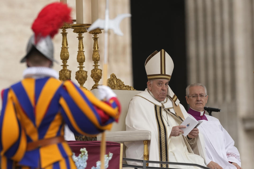 Pope Francis celebrates Easter mass in St. Peter's Square at the Vatican, Sunday, March 31, 2024. (AP Photo/Andrew Medichini)