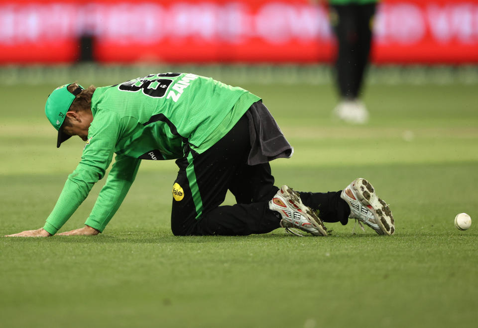 Adam Zampa, pictured here after dropping Chris Green in the BBL match between the Melbourne Stars and Sydney Thunder.